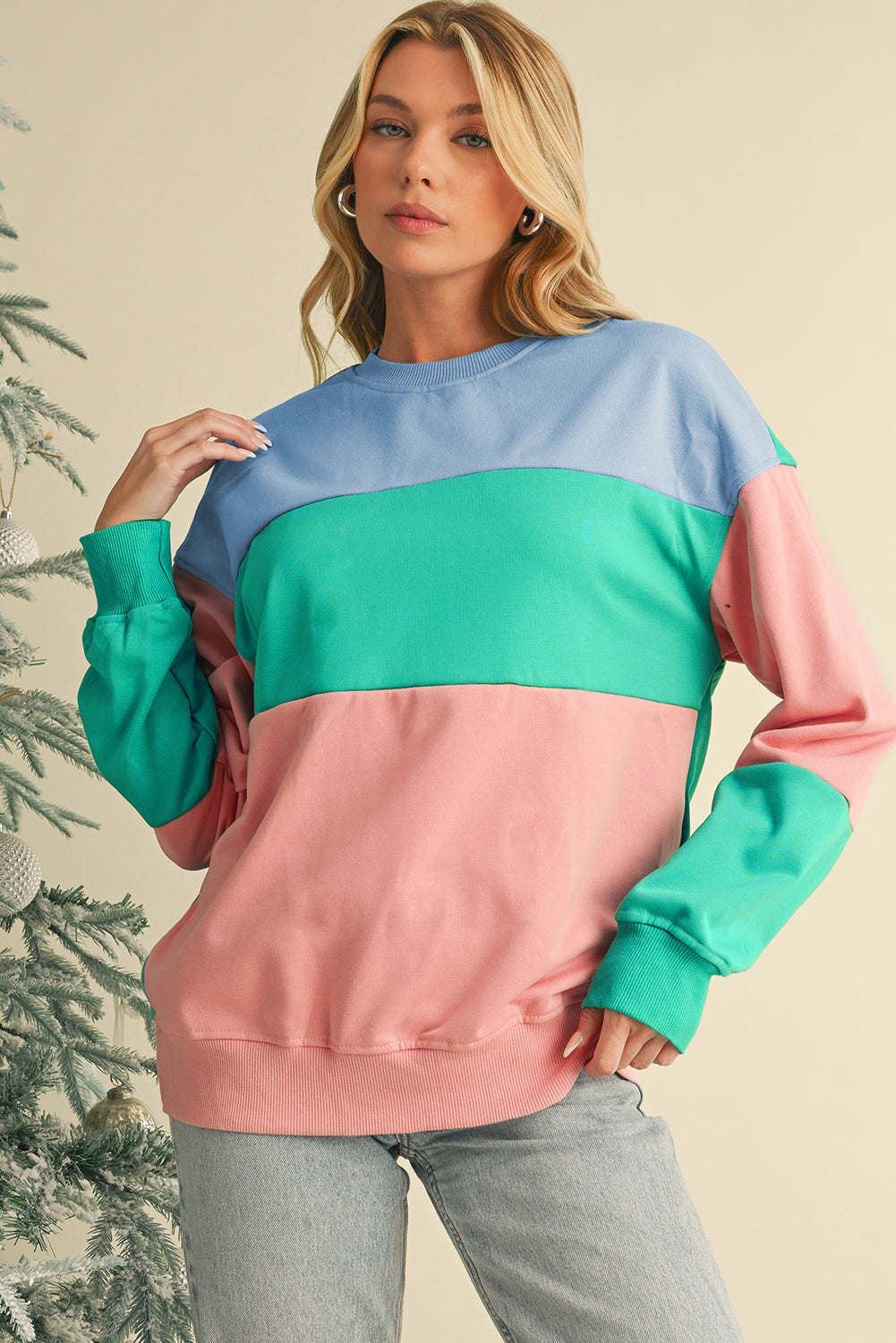 Sky Blue Colorblock Drop Shoulder Sweatshirt