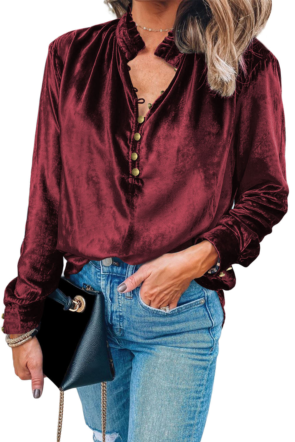 Black Frilled Neck Buttoned Front Velvet Top - Kustom Kreations Goods