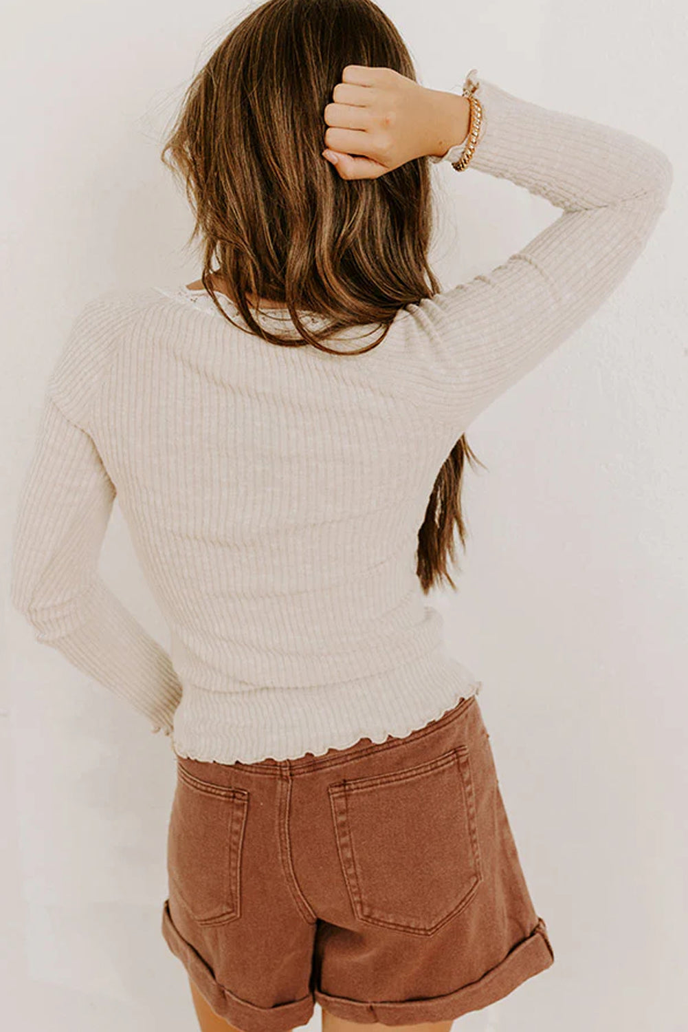Black Lace Neckline Button Decor Lettuce Edge Long Sleeve Ribbed Top - Kustom Kreations Goods