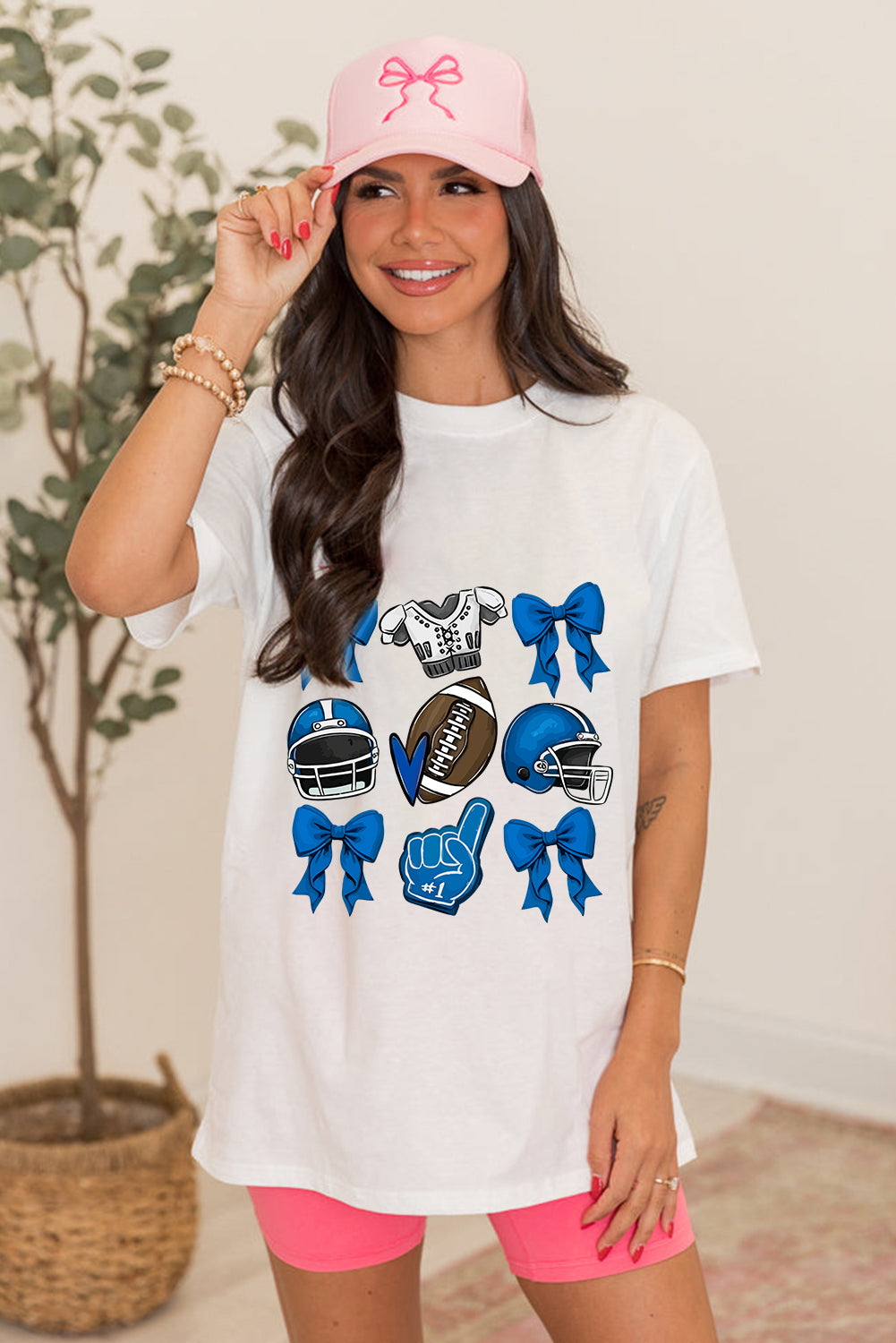 Pink Rugby Cheer Helmet Bow Graphic Tee