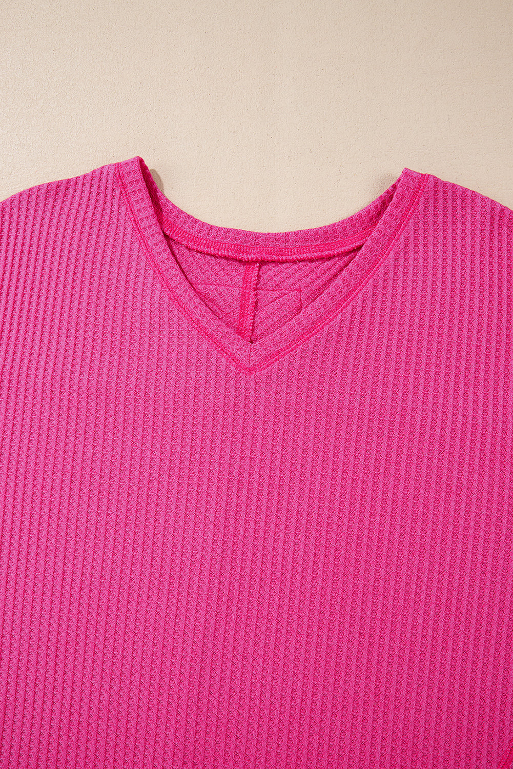 Bright Pink Waffle V Neck Drop Shoulder Long Sleeve Loose Top