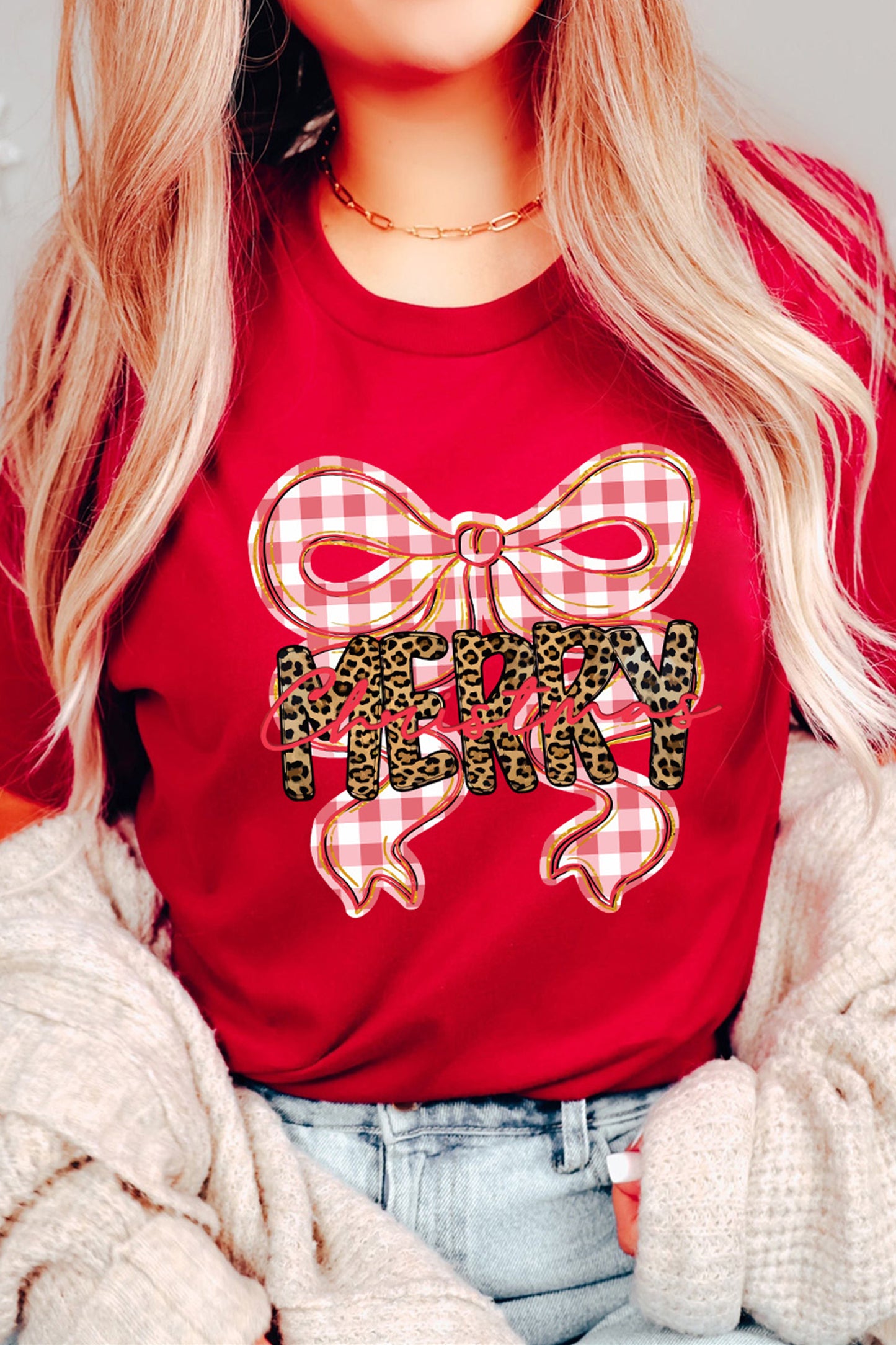Red Leopard Merry Christmas Plaid Bow Graphic Holiday T Shirt