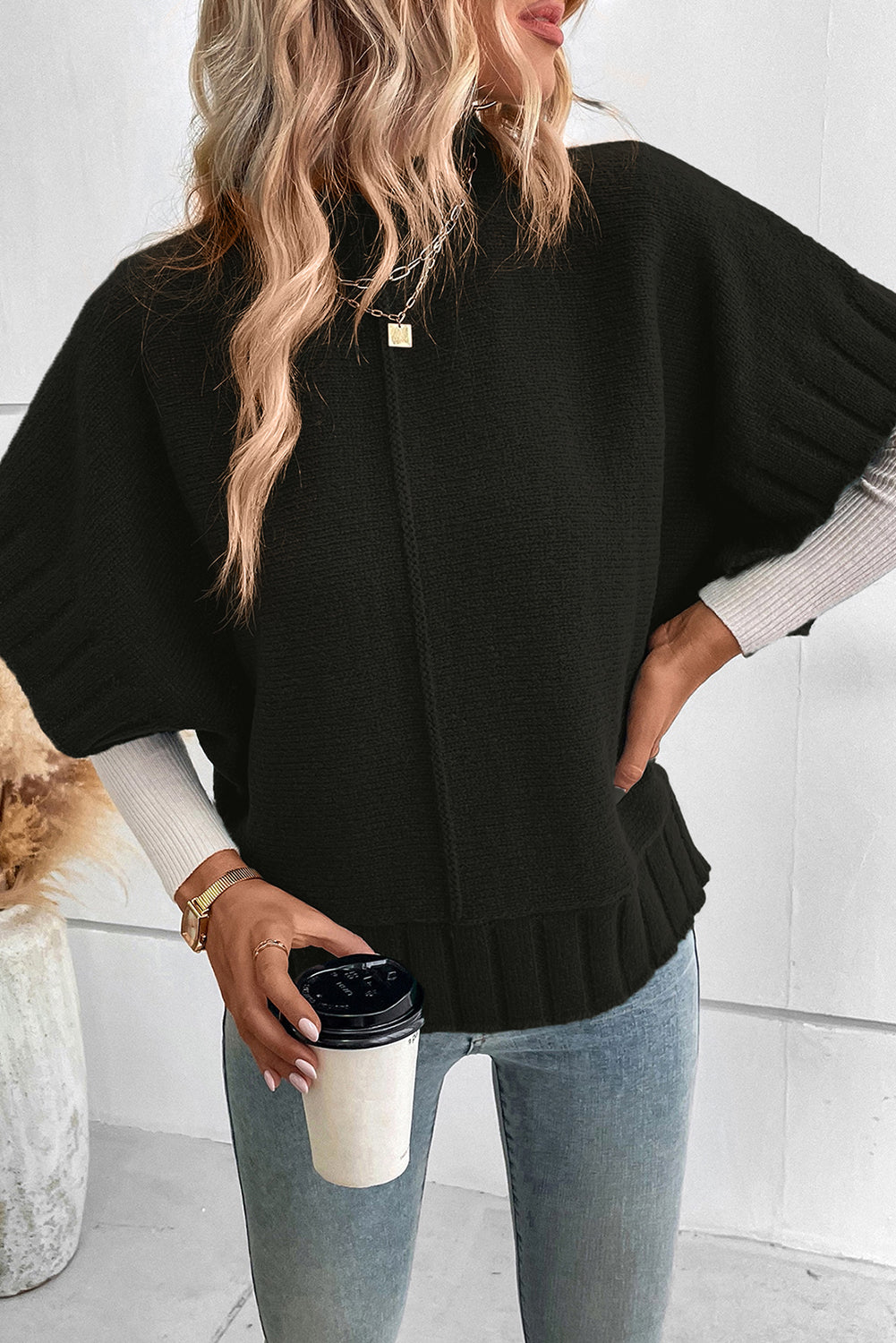 Medium Grey Mock Neck Batwing Sleeve Knit Sweater