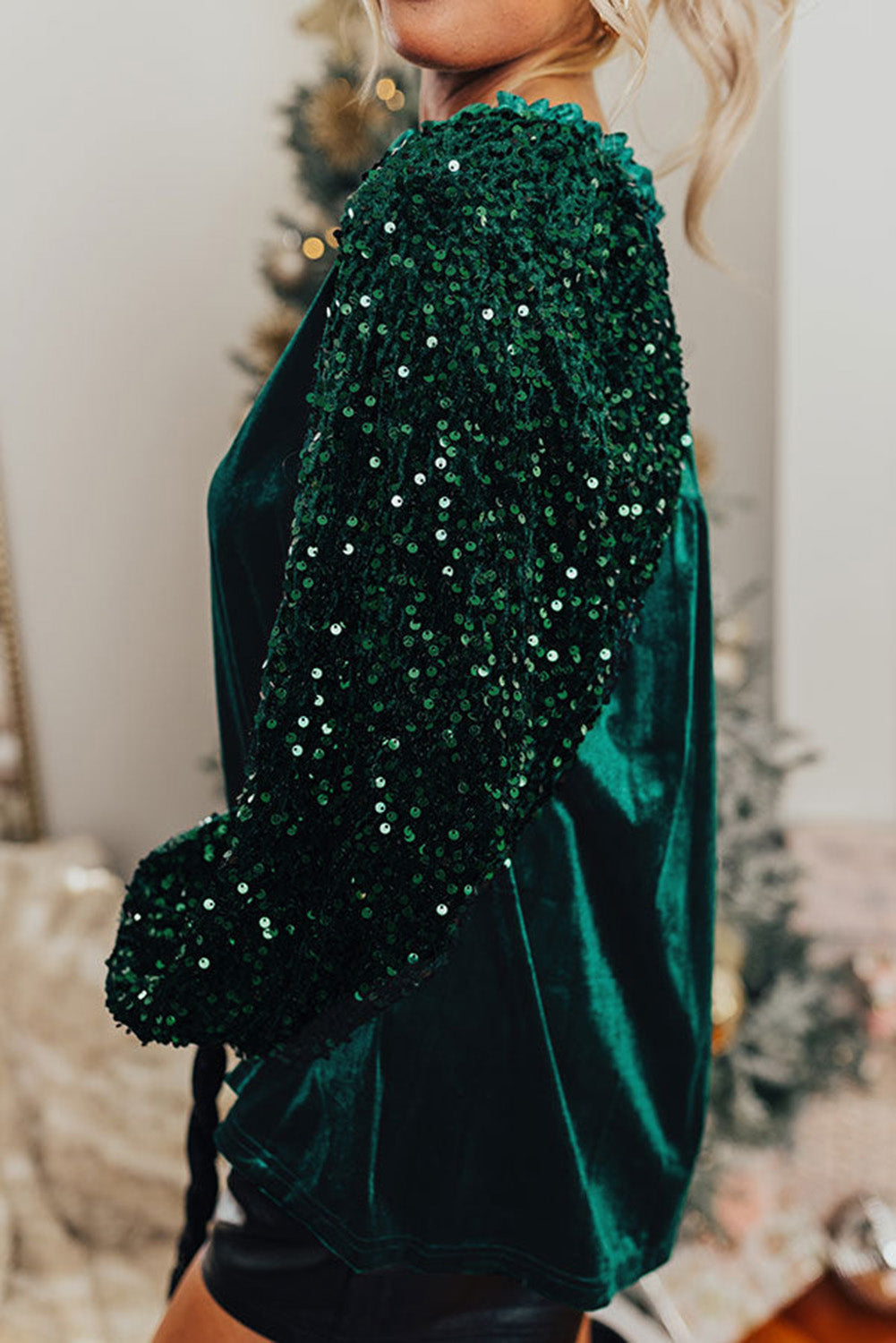 Evergreen Velvet Sequin Patchwork Sleeve Button Up Blouse