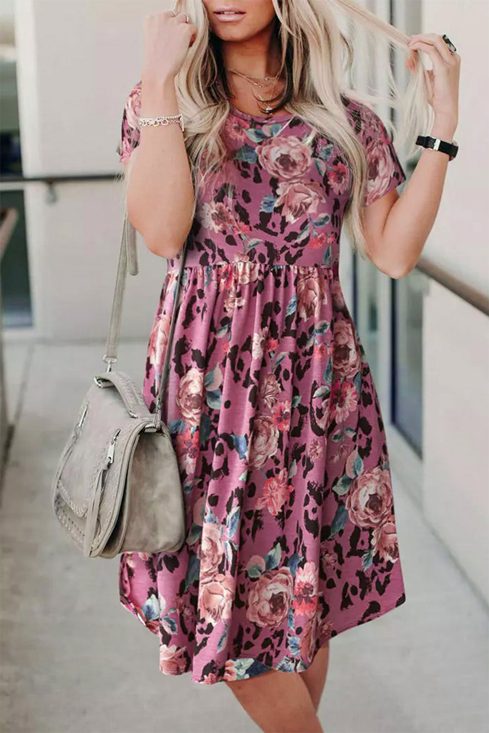 Red Foral Print Short Sleeve A-line High Waist Dress