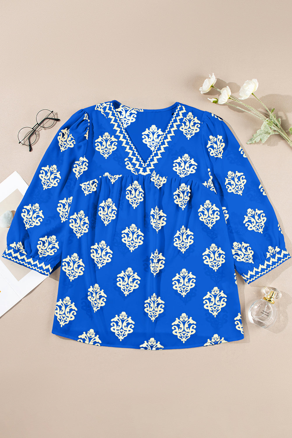 Green Damask Floral Print Contrast V Neck 3/4 Sleeve Blouse - Kustom Kreations Goods