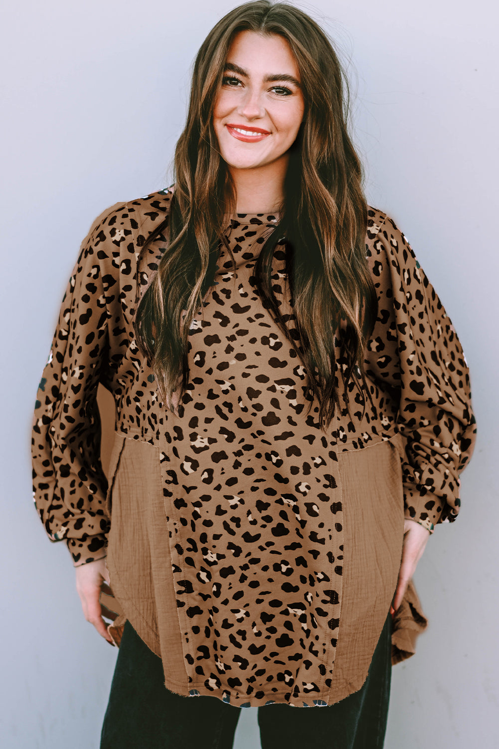 Pink Leopard Patchwork Raw Edge Oversized Top
