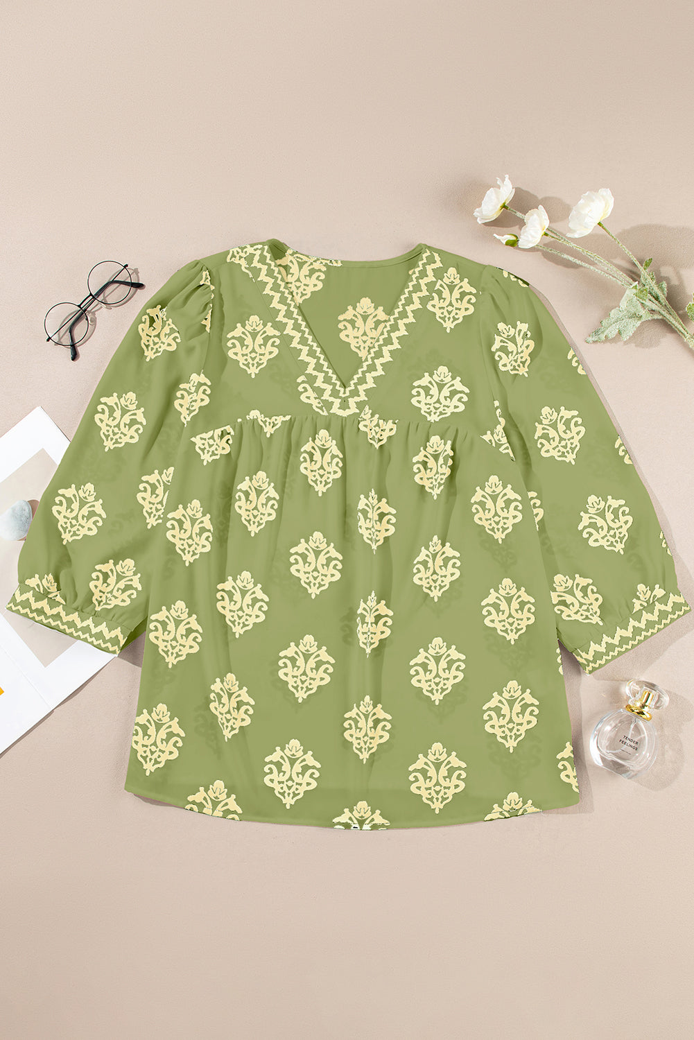 Green Damask Floral Print Contrast V Neck 3/4 Sleeve Blouse - Kustom Kreations Goods