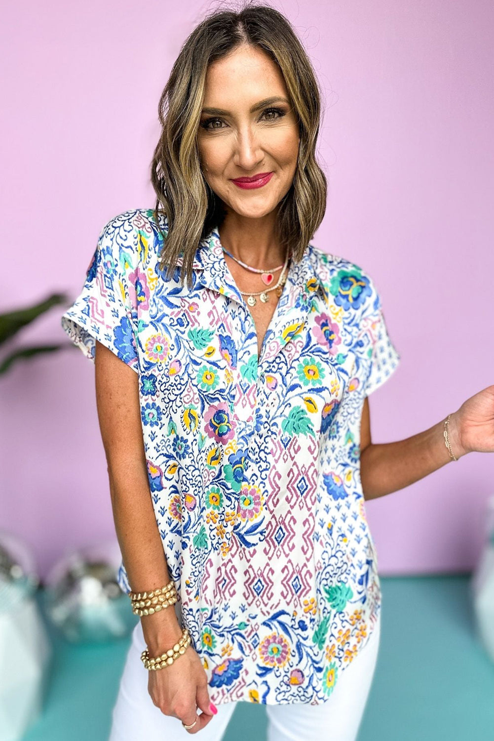 Light Blue Mixed Floral Print Collared Dolman Blouse