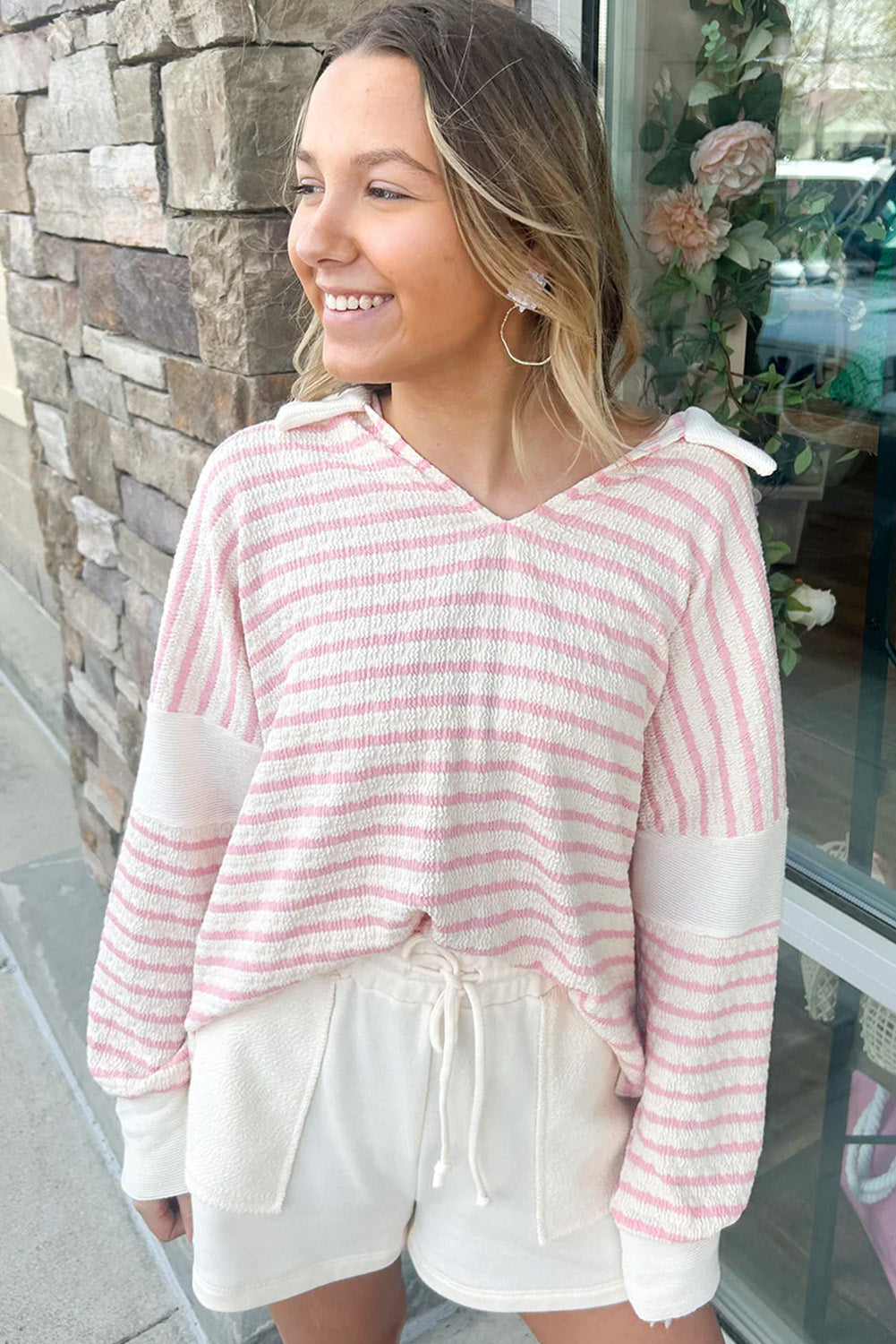 Pink Stripe Casual Long Sleeve V Neck Blouse