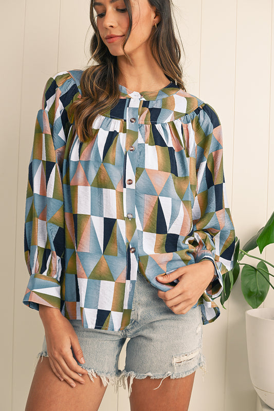Green Geometric Print Button Balloon Sleeve Loose Fit Shirt