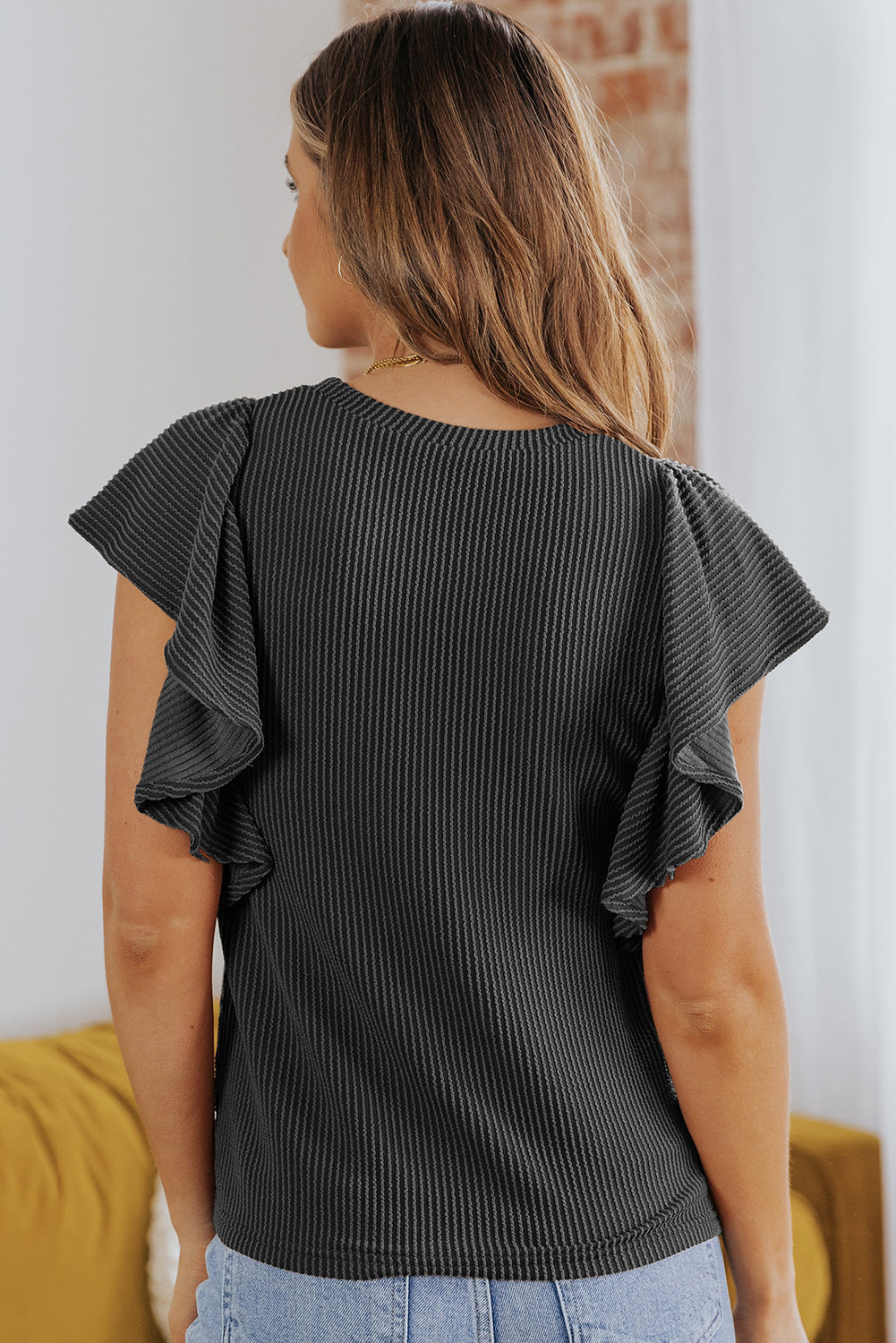 Black Textured Butterfly Sleeve Summer Top for Women