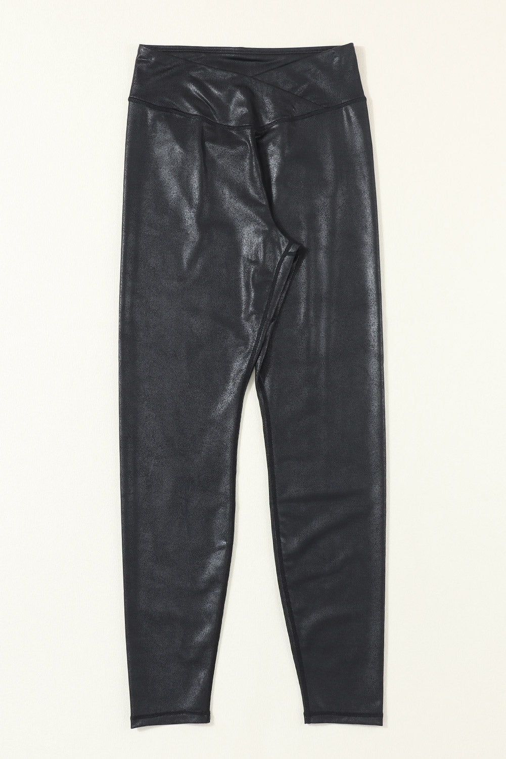 Black Crossed Dip Waist Sleek Leather Leggings - Kustom Kreations Goods