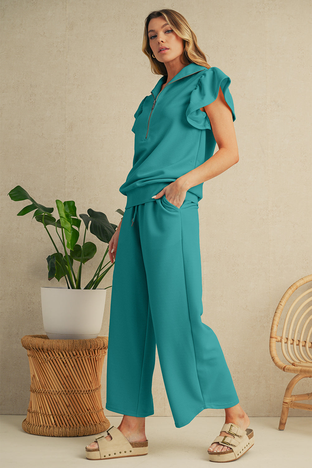 Black Textured Ruffle Sleeve Zipped Top and Wide Leg Pants Set - Kustom Kreations Goods