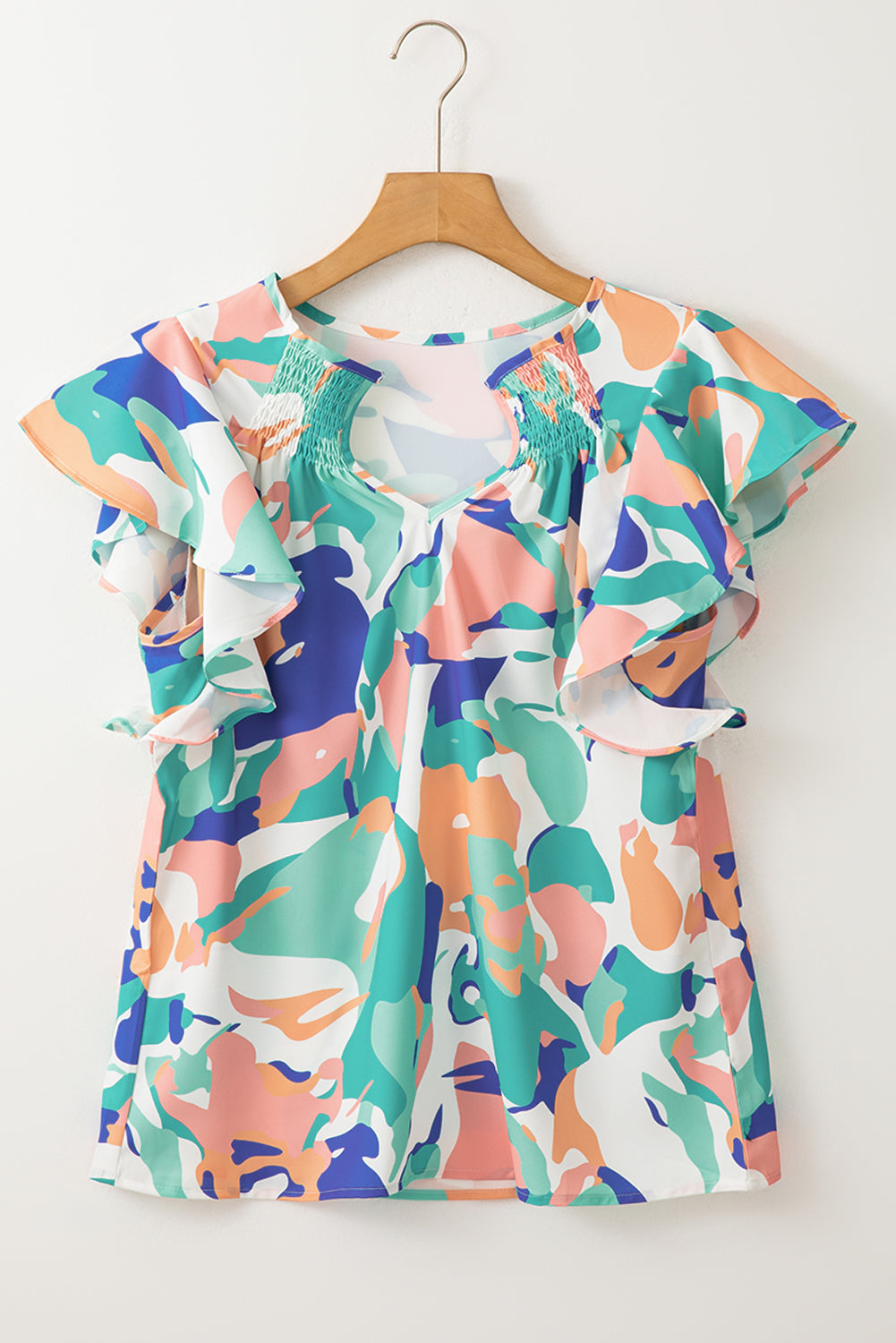 Green Abstract Print Smocked Notched Neck Ruffle Sleeve Blouse