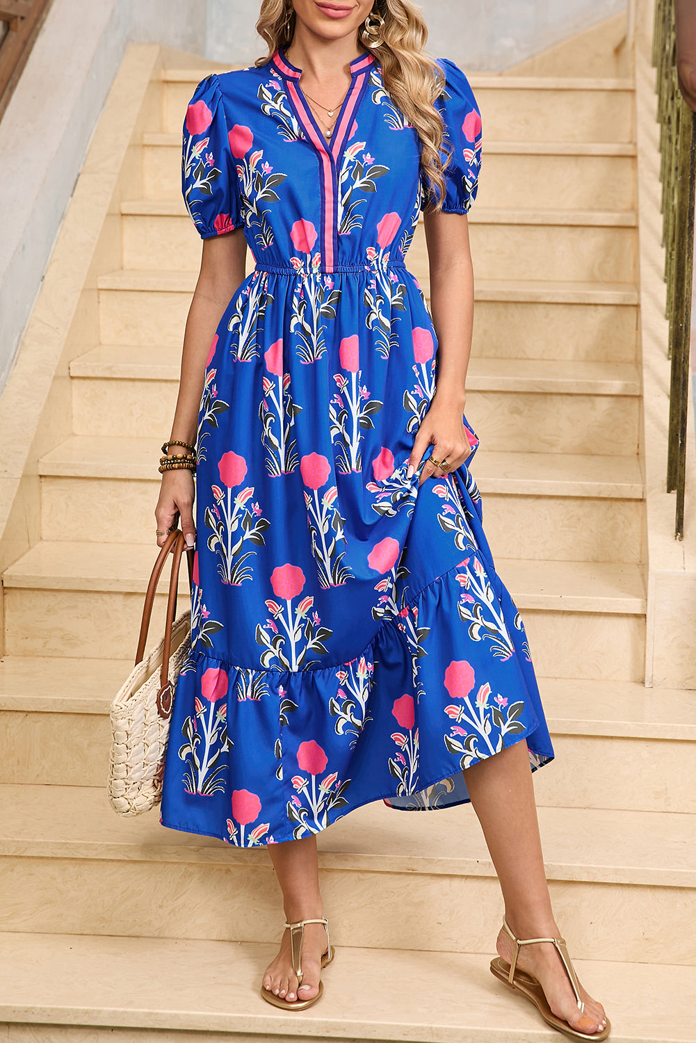 White Floral Ruffle Hem Pop of Color Neckline Dress - Kustom Kreations Goods