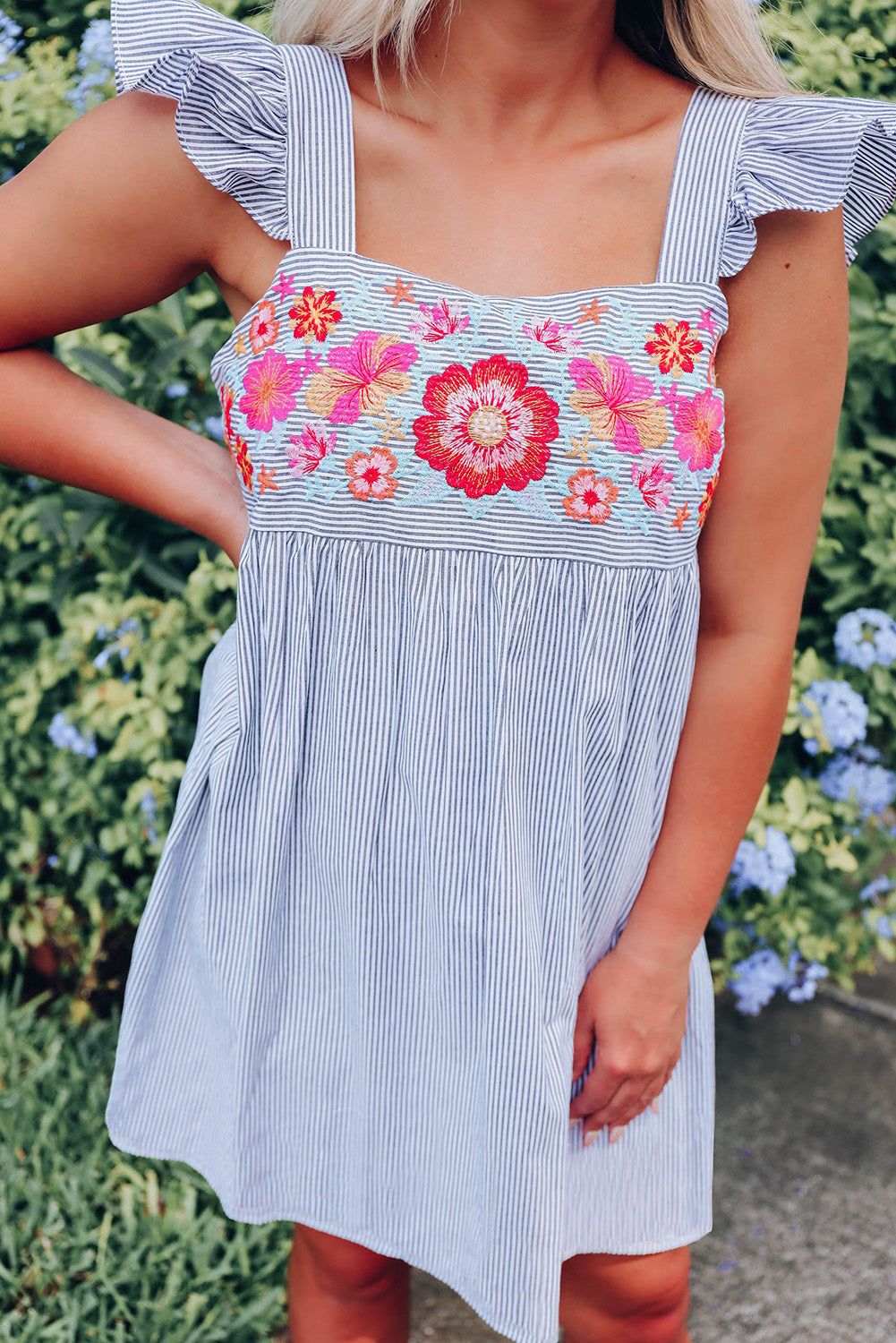 Sky Blue Striped Floral Embroidered Ruffled Sleeveless Short Dress