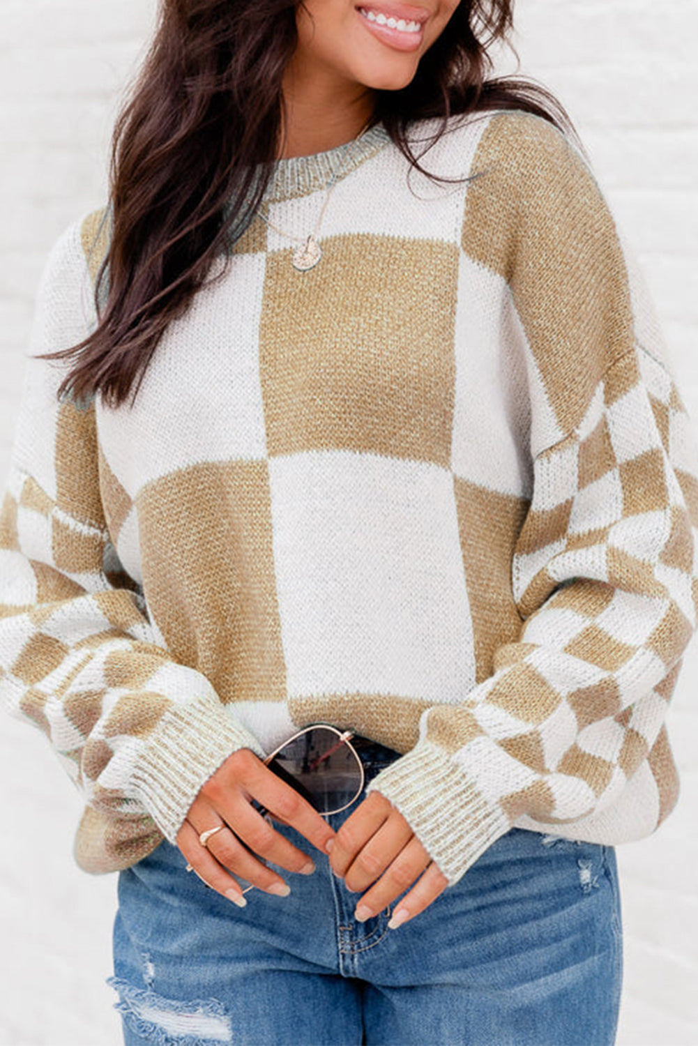 Grey Plaid Knitted Drop Shoulder Loose Fit Sweater