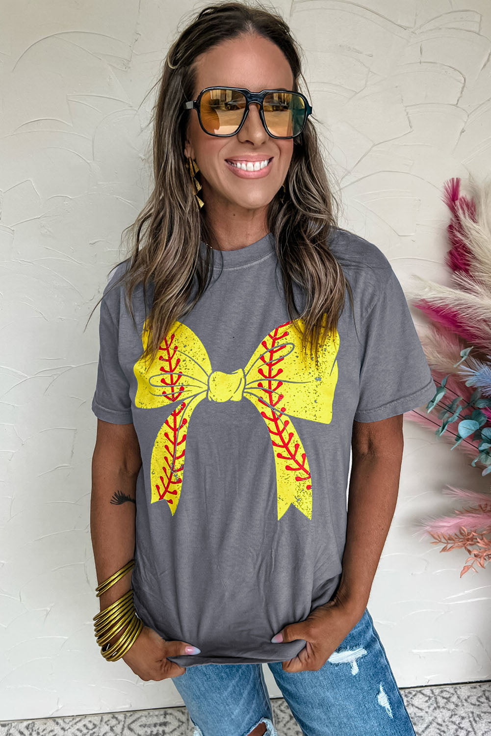 Black Baseball Bowknot Graphic Roll Up Sleeve Tee - Kustom Kreations Goods