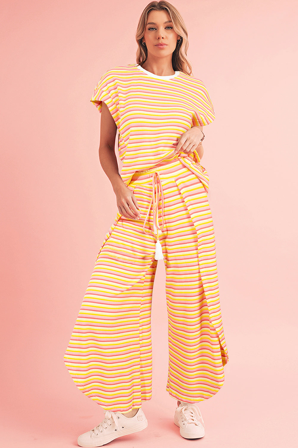 Yellow Stripe Rainbow Tee and Tassel Drawstring Wide Leg Pants Set