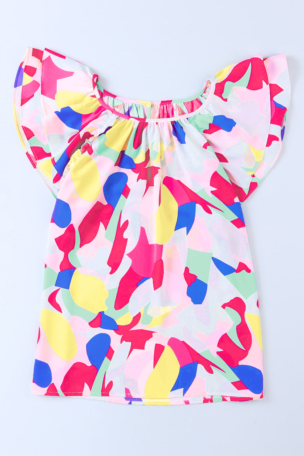 Multicolor Abstract Pattern Ruffle Sleeve Blouse