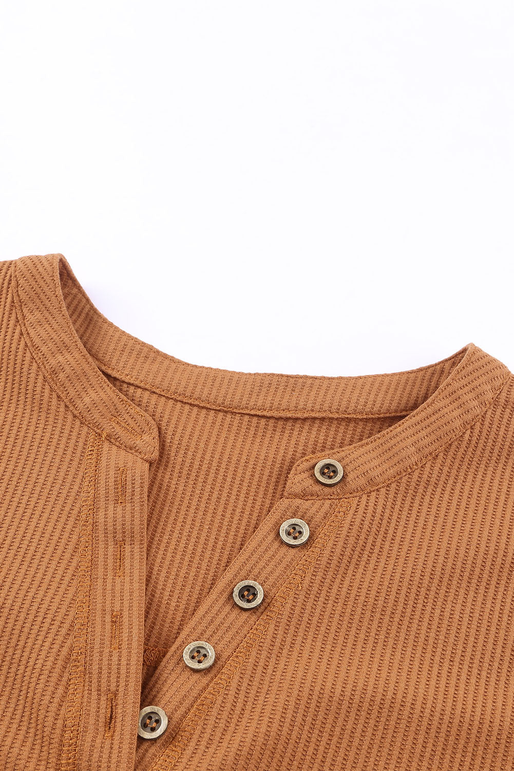 Brown Waffle Knit Casual Button Henley Top