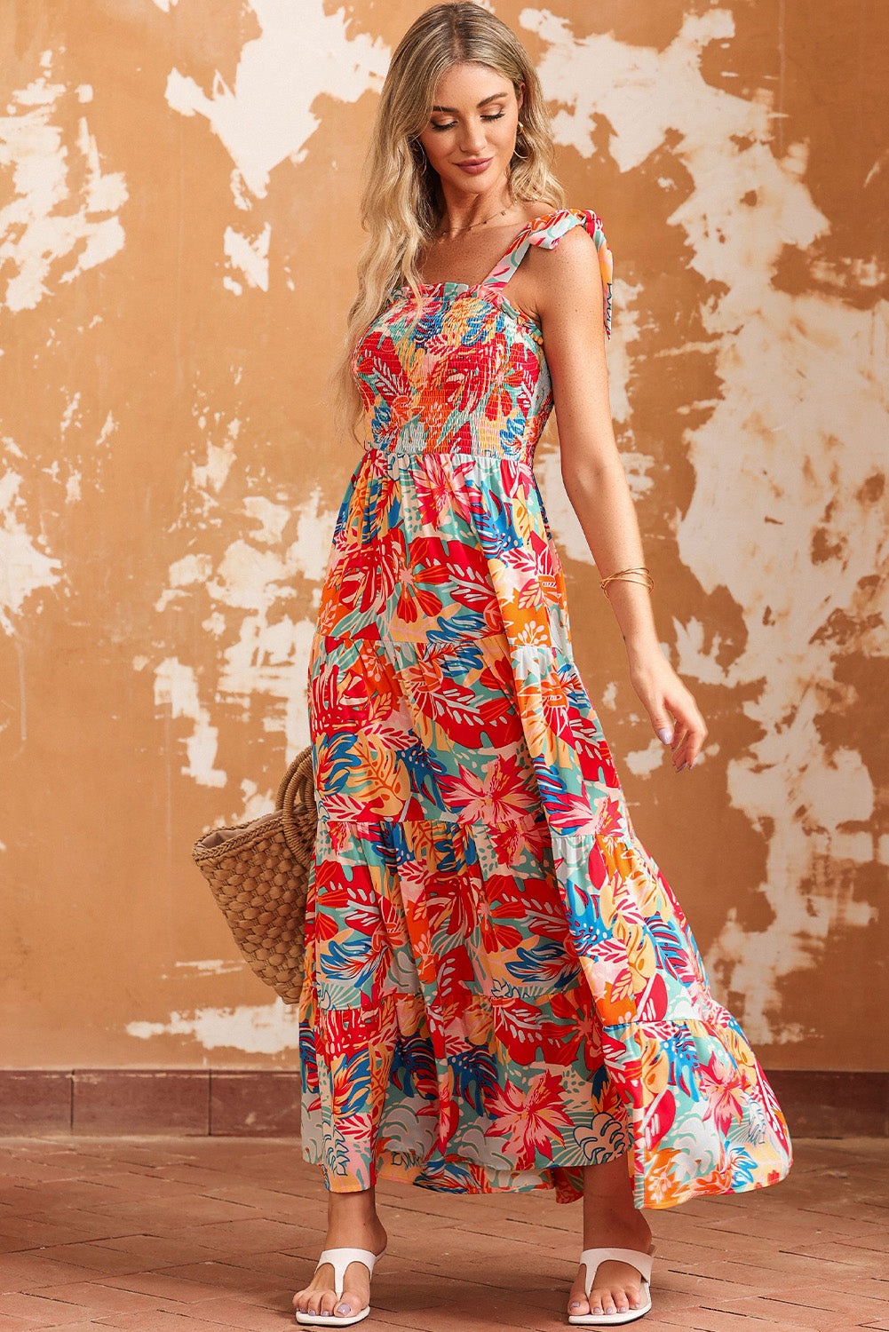 Multicolor Boho Tropical Print Smocked Ruffle Tiered Maxi Dress