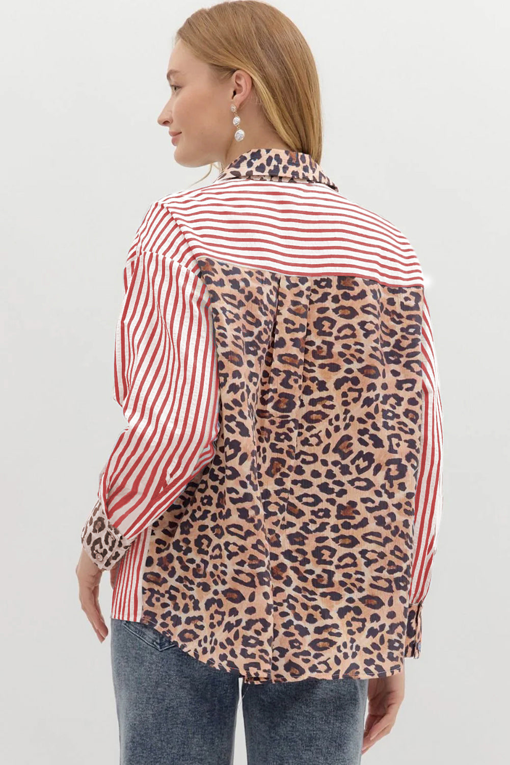 Racing Red Leopard and Striped Patchwork Button Shirt