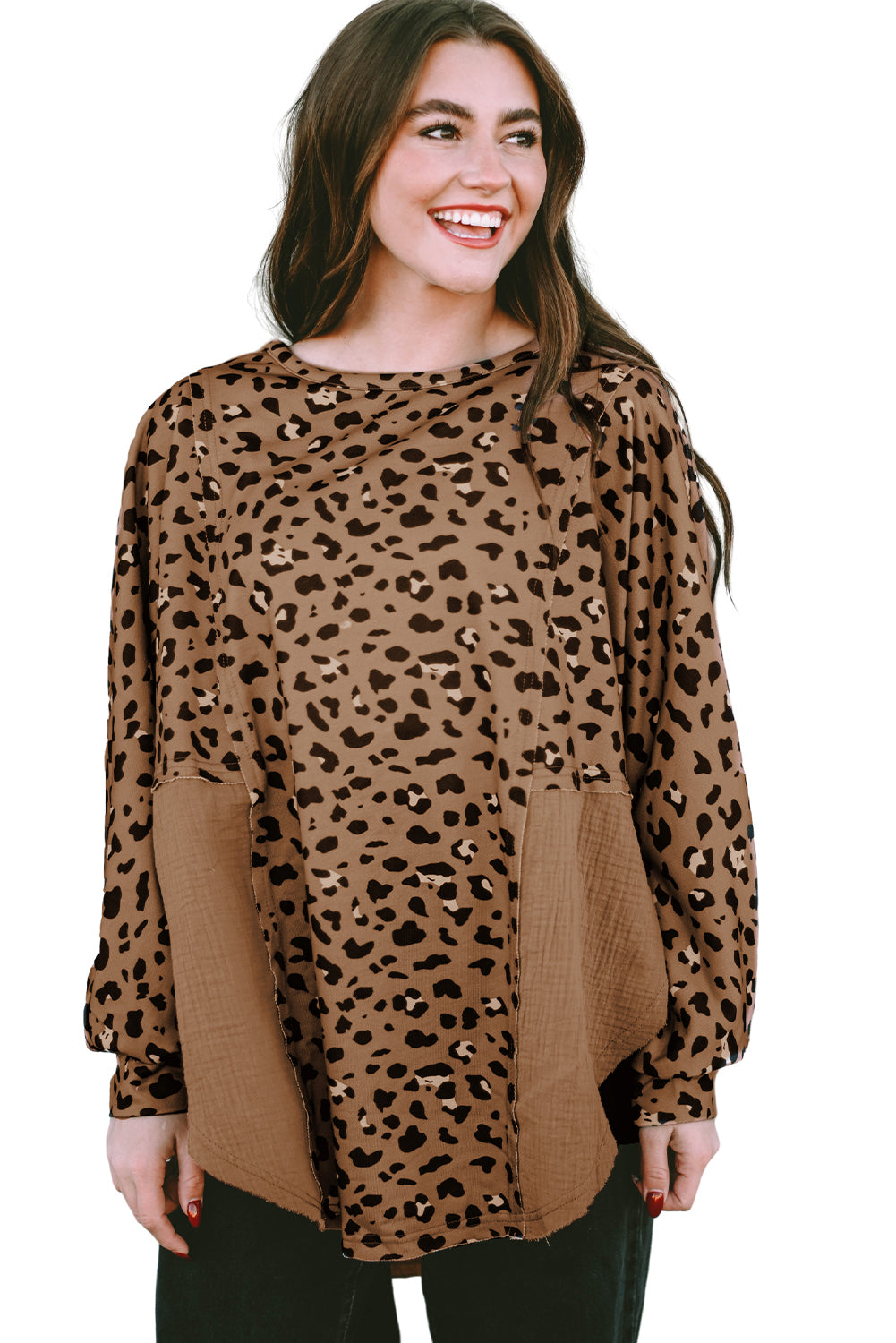 Pink Leopard Patchwork Raw Edge Oversized Top
