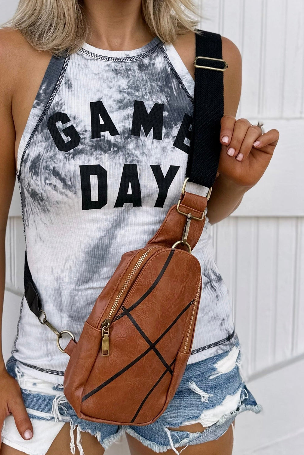 Black Football Pattern PU Leather Zipped Crossbody Bag
