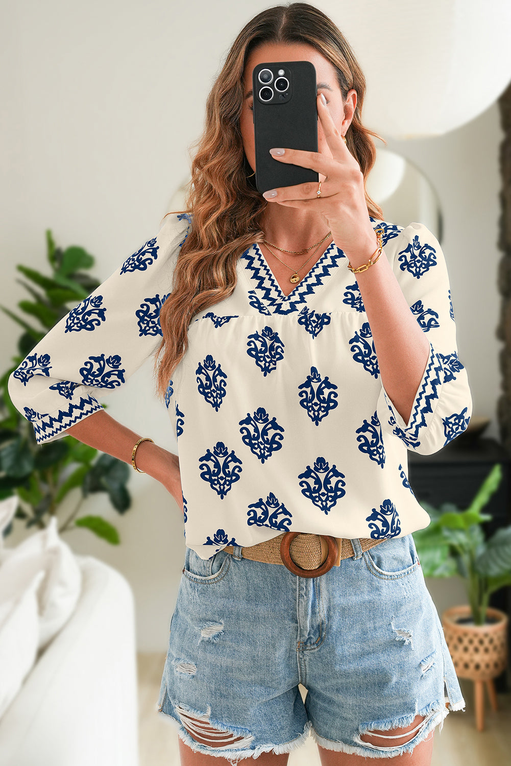 Green Damask Floral Print Contrast V Neck 3/4 Sleeve Blouse - Kustom Kreations Goods