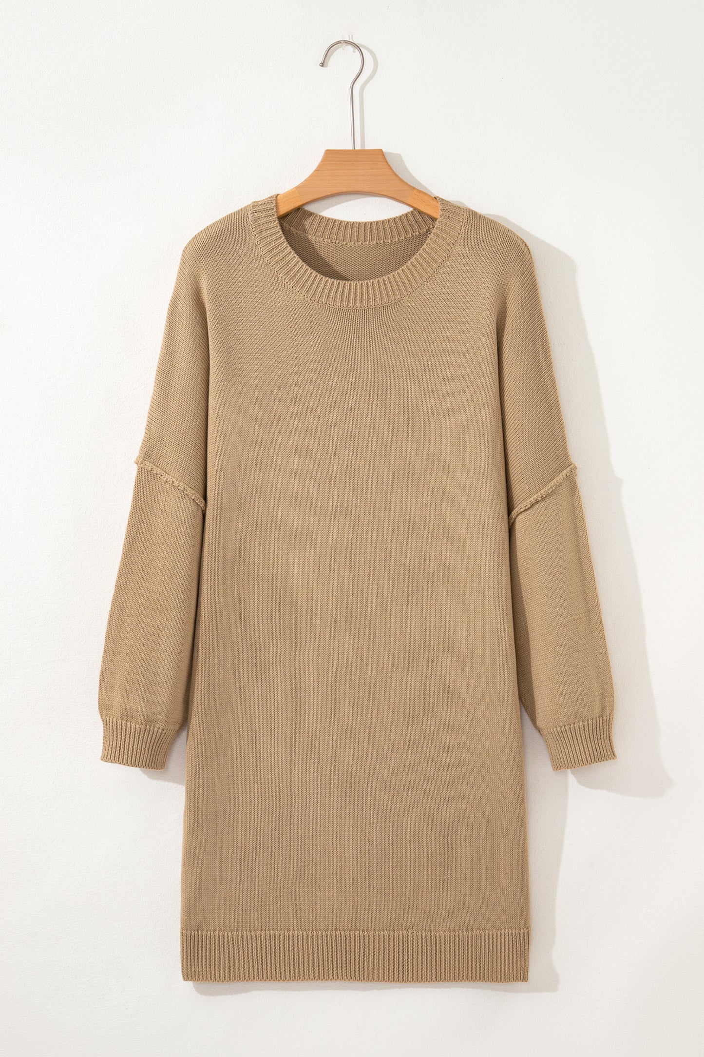 Pale Khaki Exposed Seam Drop Shoulder Oversize Sweater Mini Dress - Kustom Kreations Goods