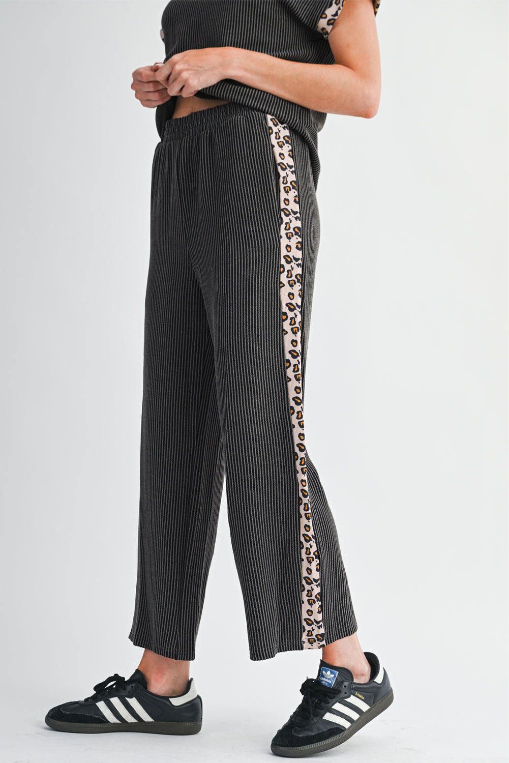 Carbon Grey Leopard Patchwork Trim Twisted Rib T Shirt and Cropped Pants Set - Kustom Kreations Goods