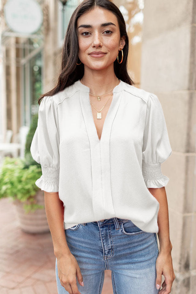 Apricot Solid Puffed Sleeve Shirred V Neck Blouse