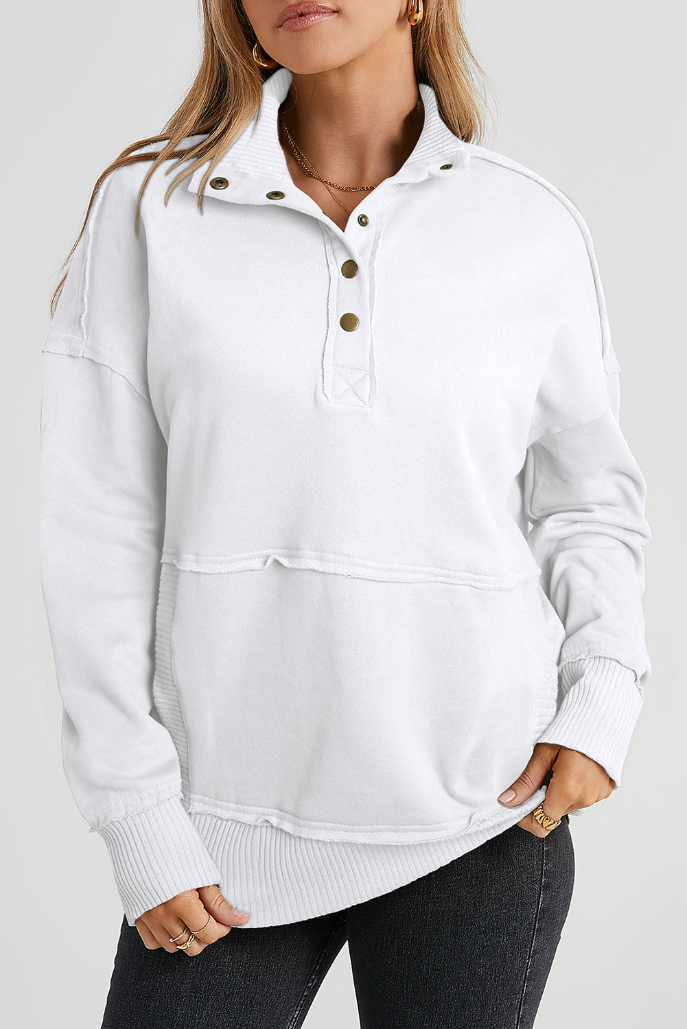 Gray Ribbed Trim Snap Button Collar Kangaroo Pocket Sweatshirt