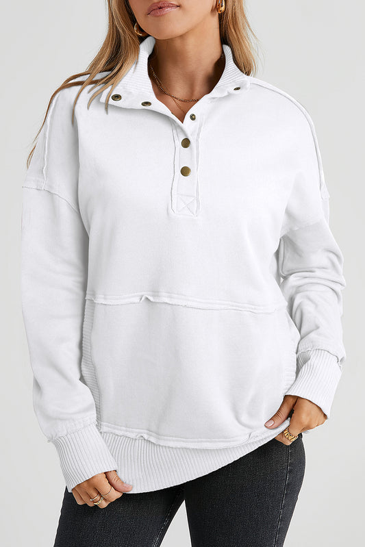 Gray Ribbed Trim Snap Button Collar Kangaroo Pocket Sweatshirt
