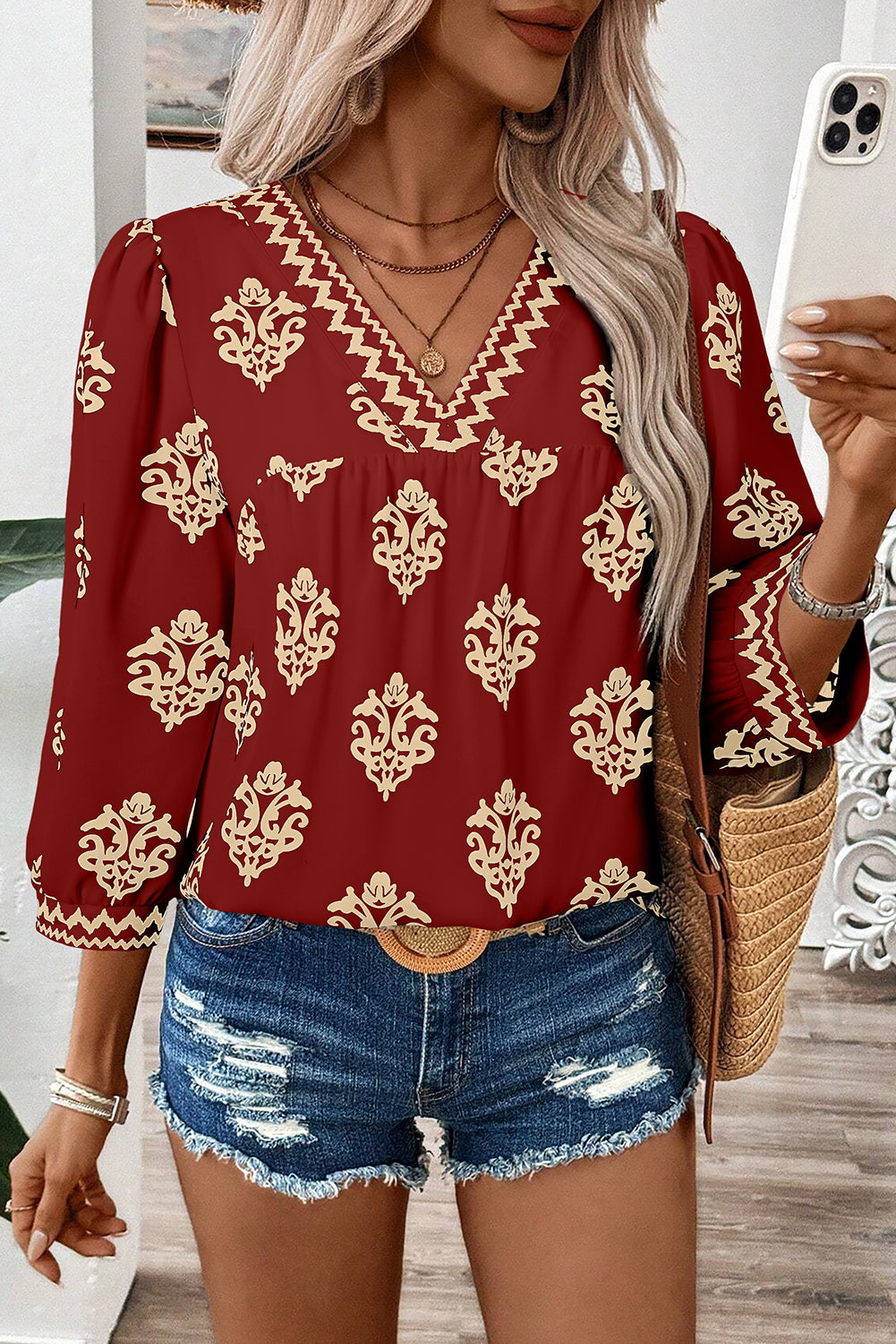 Green Damask Floral Print Contrast V Neck 3/4 Sleeve Blouse - Kustom Kreations Goods
