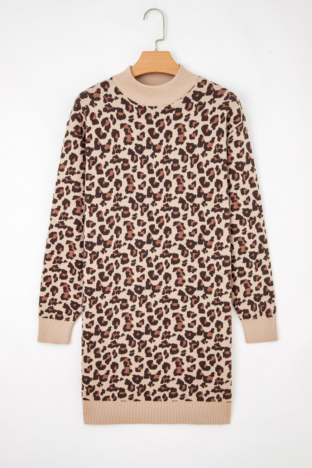 Khaki Leopard Print High Neck Shift Mini Sweater Dress - Kustom Kreations Goods