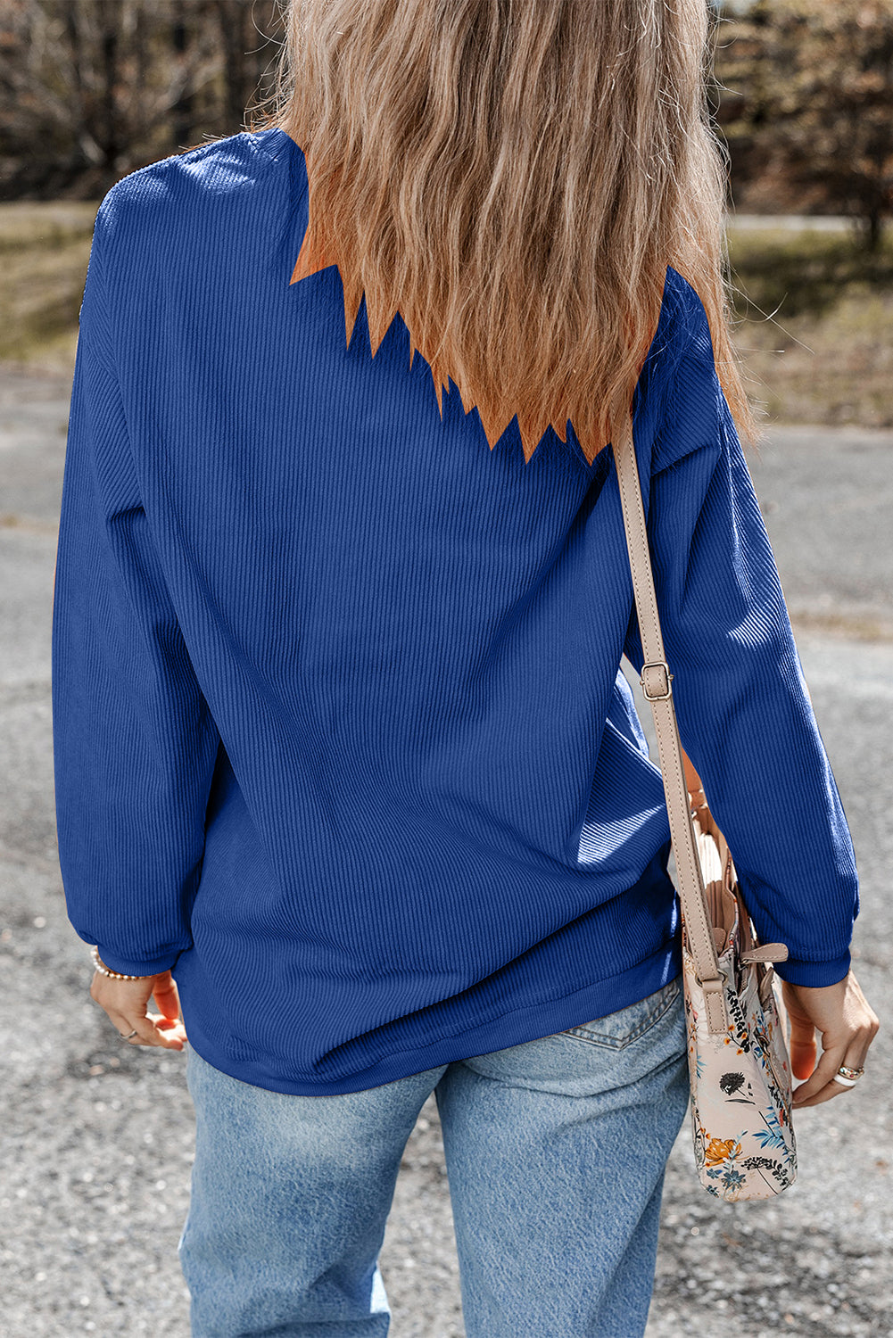 Orange Plain Drop Sleeve Rib-Knit Oversized Sweatshirt