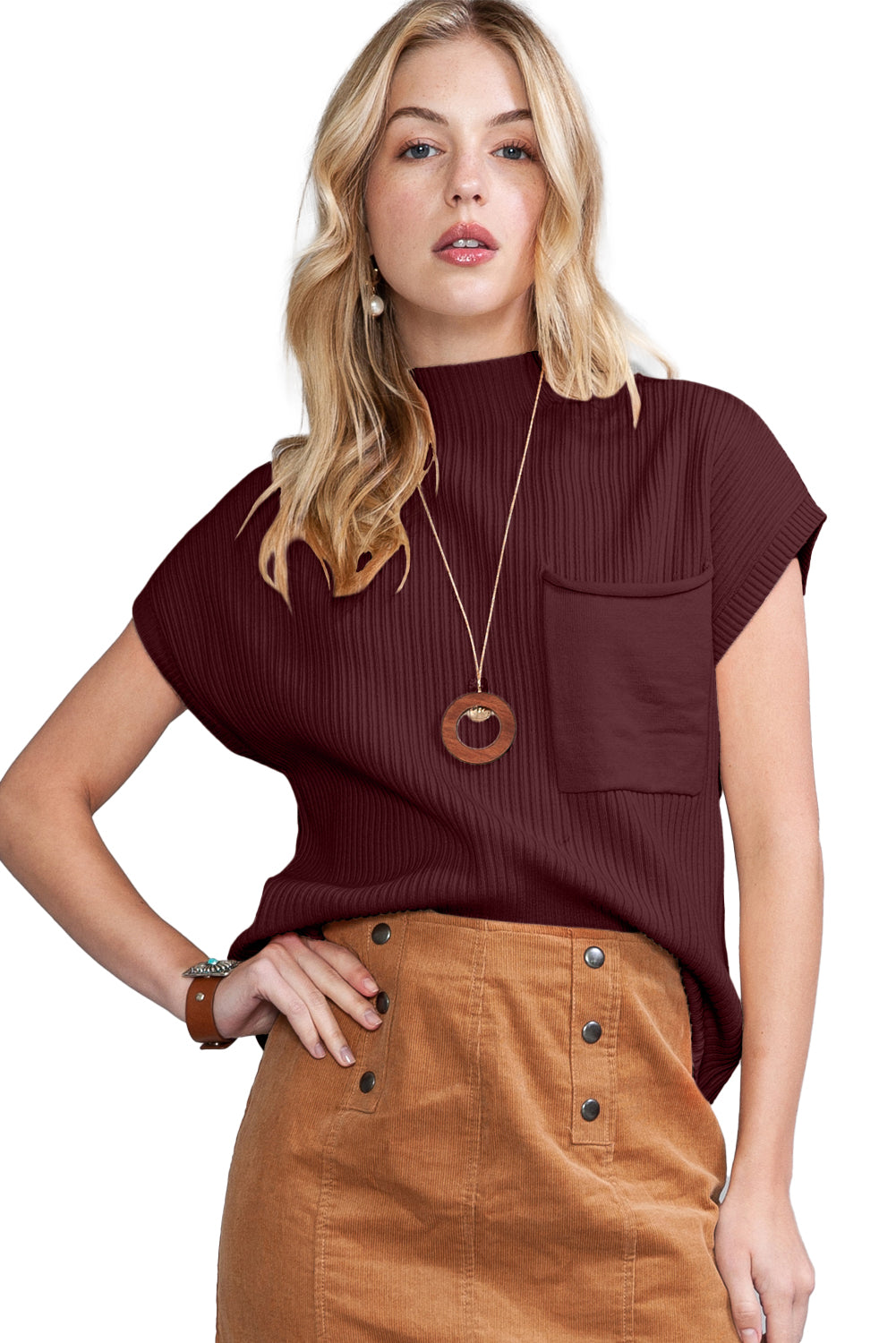 Green Patch Pocket Ribbed Knit Short Sleeve Sweater - Kustom Kreations Goods