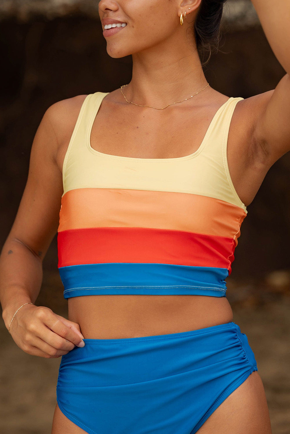 Blue Colorblock Top Pleated High Waisted Bikini Swimwear - Kustom Kreations Goods