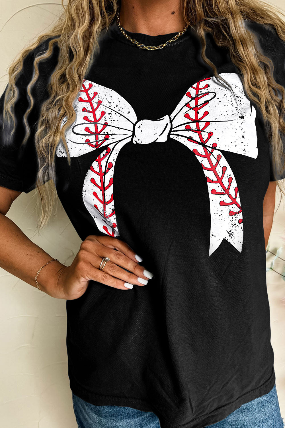 Black Baseball Bowknot Graphic Roll Up Sleeve Tee - Kustom Kreations Goods