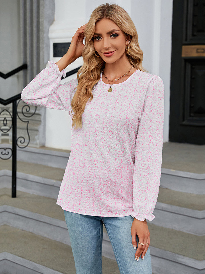 Printed Round Neck Flounce Sleeve Blouse