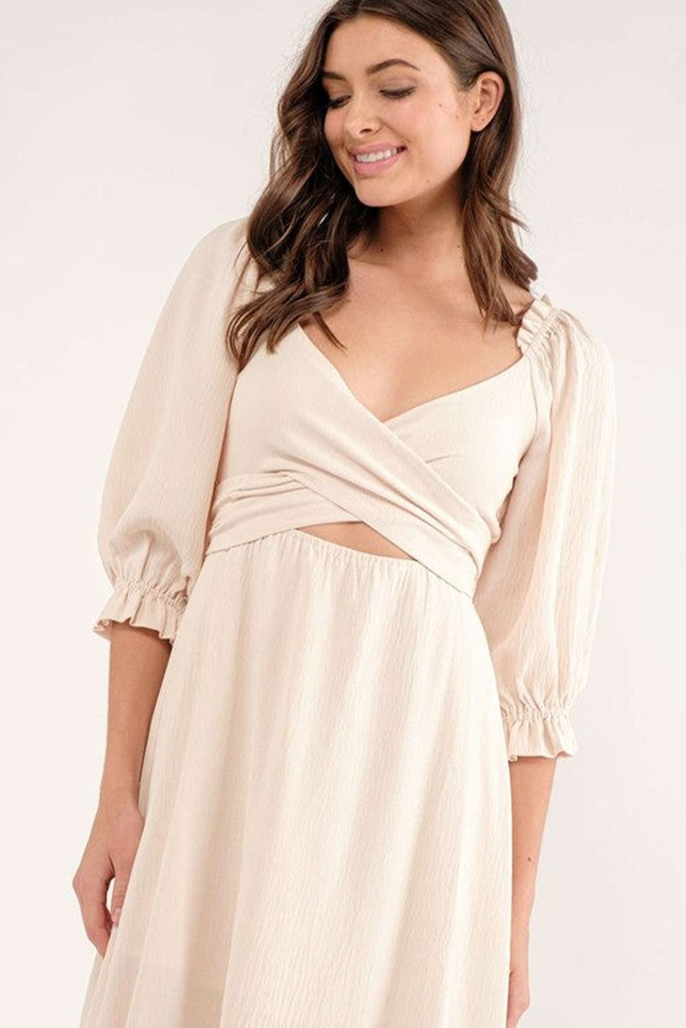 Beige Plain Puff Sleeve Cross Tie Cut Out Maxi Dress