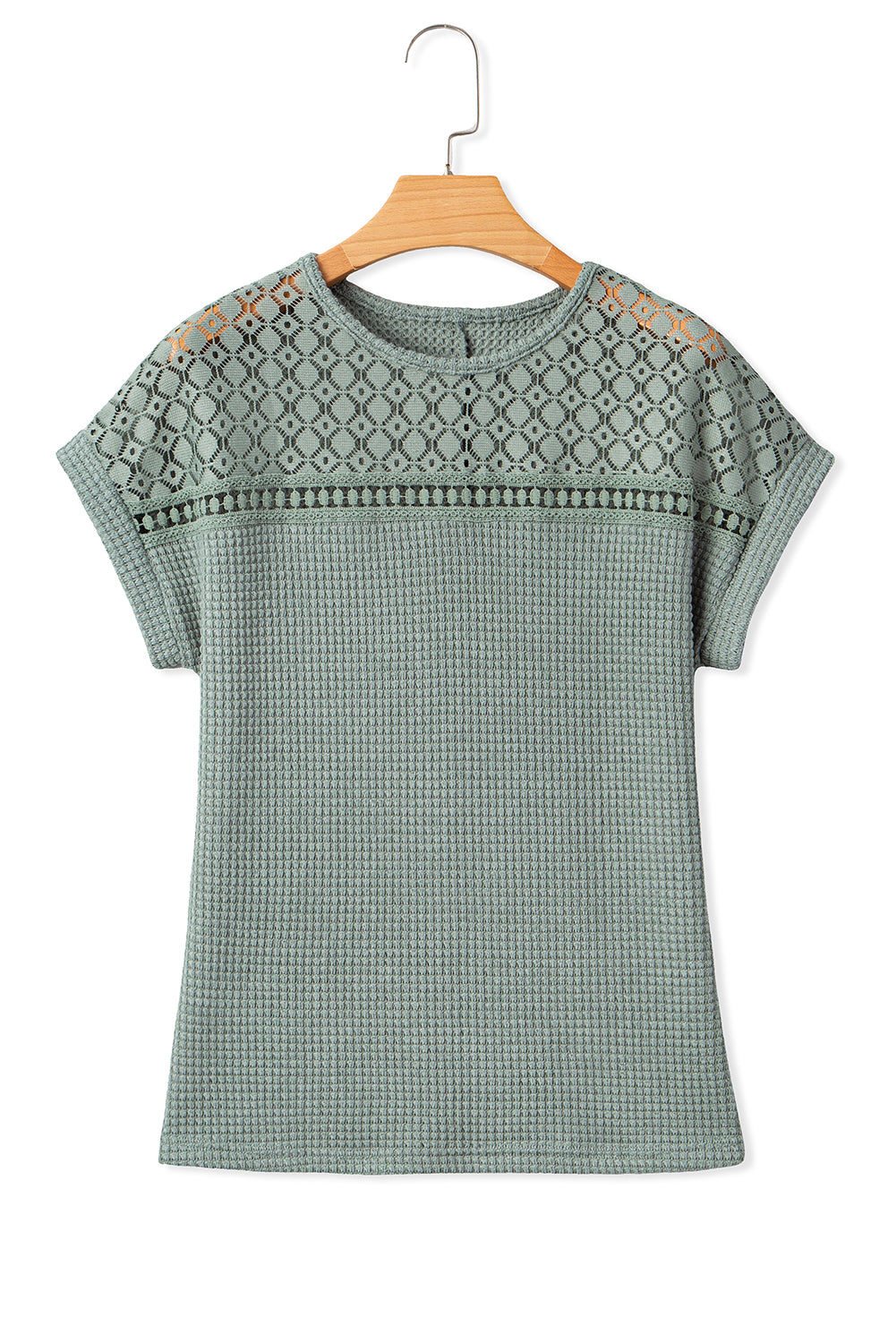 Mist Green Hollow Patchwork Waffle Knit Top - Kustom Kreations Goods
