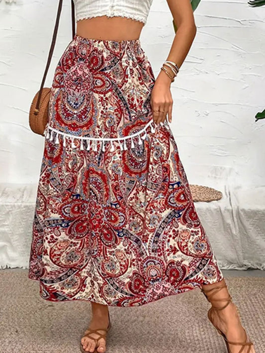 Printed Elastic Waist Midi Skirt