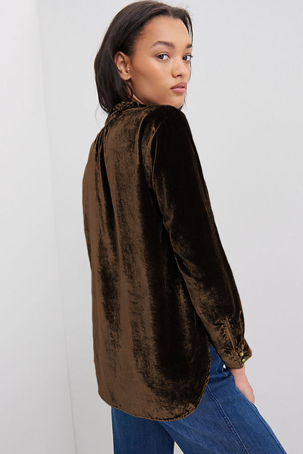 Black Frilled Neck Buttoned Front Velvet Top - Kustom Kreations Goods