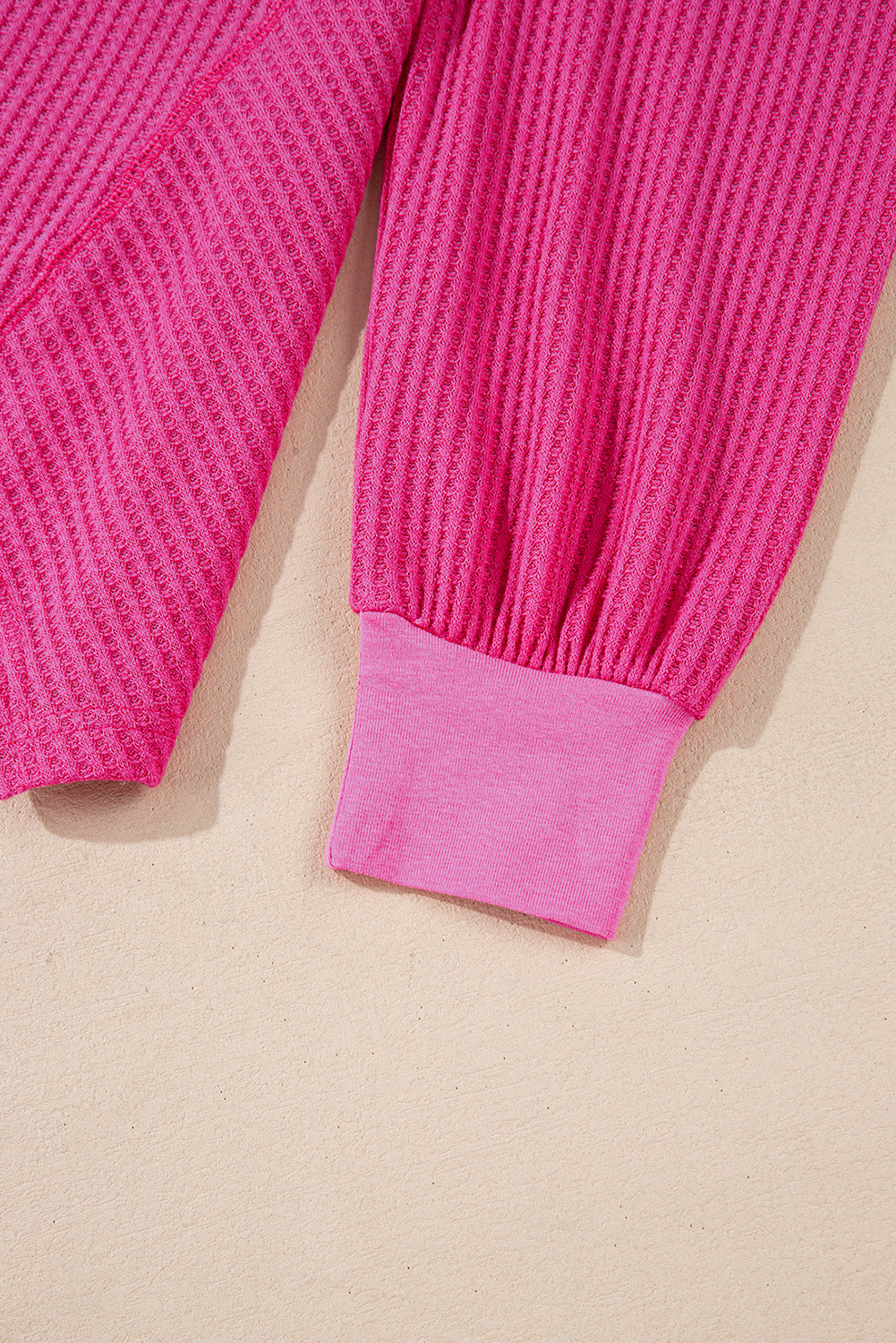 Bright Pink Waffle V Neck Drop Shoulder Long Sleeve Loose Top