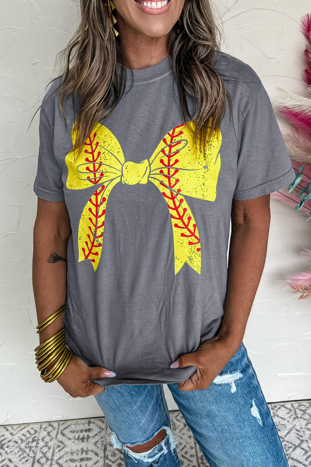 Black Baseball Bowknot Graphic Roll Up Sleeve Tee - Kustom Kreations Goods