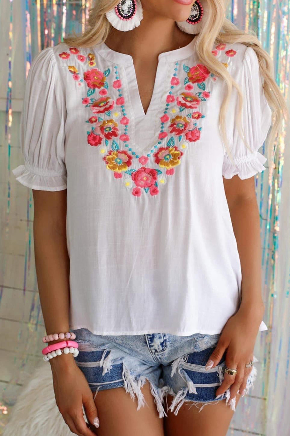 Black Floral Embroidered Boho Ruffle Puff Sleeve Blouse